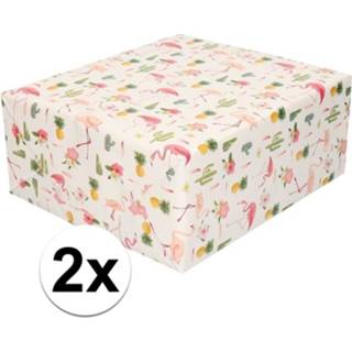 👉 Inpakpapier roze multi papier active 2x flamingo en tropische print inpakpapier/cadeaupapier 200 cm per rol