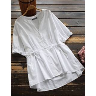 👉 Blous cotton s vrouwen wit Solid V-neck Knotted Button Blouse