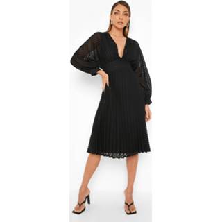 👉 Geplooide Dobby Mesh Midi Jurk Met Ballonmouwen, Black