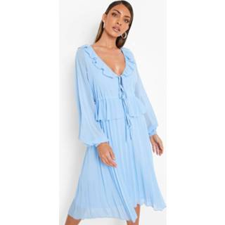 👉 Geplooide Gesmokte Midi Jurk Met Lange Mouwen En Ruches, Blue