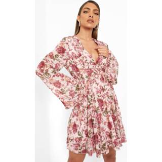 👉 Bloemenprint Skater Jurk Met Wijde Mouwen, Pale Pink