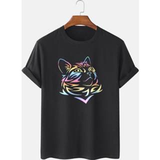 👉 Shirt cotton l male zwart Reflective Rainbow Cat Graphic T-Shirts