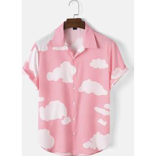 👉 Shirt m male roze l wit polyester Cloud Print Button Up Shirts