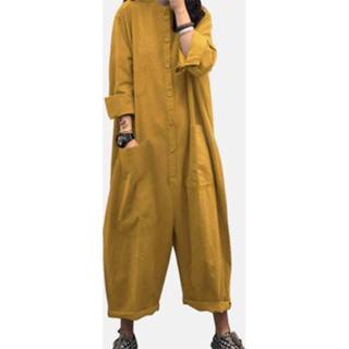 👉 Jumpsuit polyester s m geel zwart vrouwen Solid Color Button Pocket