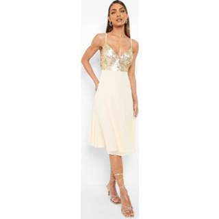 👉 Midi Skater Jurk Met Bandjes En Pailletten, Gold