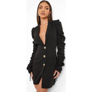 👉 Geweven Blazer Jurk Met Geplooide Mouwen, Black