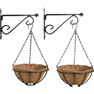 👉 Hanging basket metaal Set van 2x stuks baskets 25 cm met muurhaken - complete hangmand