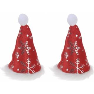 👉 Kerstmuts 2x stuks kleine kerstmutsjes met sneeuwvlokken op clip