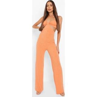 👉 Jumbo Geribbelde Wide Leg Jumpsuit Met Uitsnijding, Burnt Orange