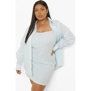 👉 Plus Gingham Mini Jurk En Blouse Set, Sage