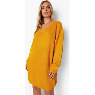 👉 Plus Geribbelde Trui Jurk Met V-Hals, Mustard