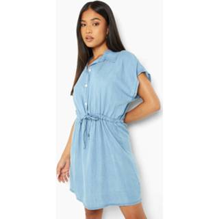 👉 Petite Denim Blouse Jurk Met Touwtjes, Light Wash