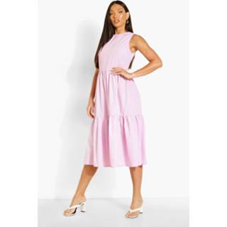 👉 Tall Gesmokte Geweven Midi Jurk Met Laagjes, Lilac