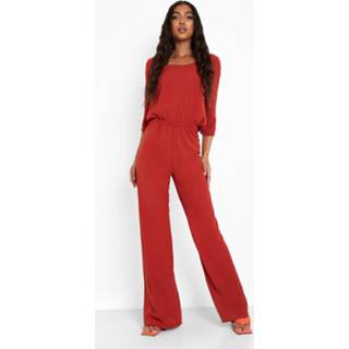 👉 Tall Wide Leg Jumpsuit Met Driekwartsmouwen En Lage Ronde Hals, Berry