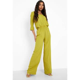 👉 Tall Wide Leg Jumpsuit Met Driekwartsmouwen En Lage Ronde Hals, Chartreuse