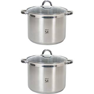 👉 Pannenset RVS One Size zilver van 2x stuks luxe kookpannen/pannen Loa met glazen deksel 26 cm 9,5 liter - Kookpannen/aardappelpannen 8720276685931