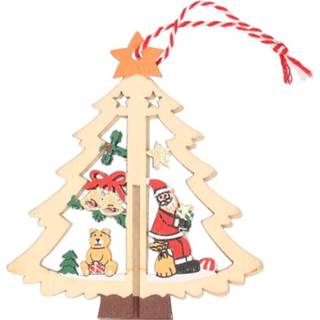 👉 Kerstboom houten One Size meerkleurig 4x Kerstboomdecoratie kerstbomen met kerstman 10 cm - kerstboomversiering kerstdecoratie 8720276149556