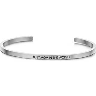 👉 Zirkonia zilverkleurig One Size no color Key Moments 8KM-B00013 Stalen open bangle met tekst best mom in the world one-size 8719497234691