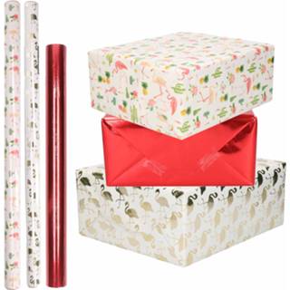 👉 Inpakpapier rood wit roze 9x Rollen kraft flamingo pakket - metallic/wit/goud/roze 200 x 70/50 cm
