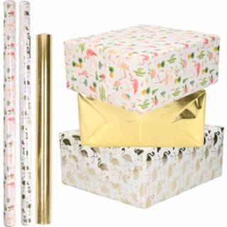 👉 Inpakpapier wit roze goud 6x Rollen kraft flamingo pakket - metallic/wit/goud/roze 200 x 70/50 cm