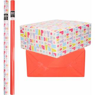 👉 Inpakpapier 8x Rollen kraft happy birthday pakket - rood 200 x 70 cm