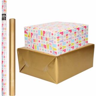 👉 Inpakpapier goud 8x Rollen kraft happy birthday pakket - 200 x 70/50 cm