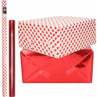 👉 Inpakpapier rode rood 6x Rollen kraft liefde/rode hartjes pakket - metallic 200 x 70/50 cm
