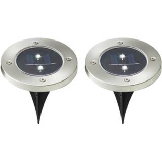 👉 Buitenlamp RVS Set Van 2x Stuks Solar Tuinlampen/prikspots Grondspot Op Zonne-energie 12 Cm - Prikspots Tuinverlichting 8720576147450