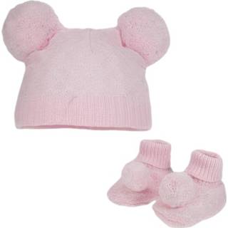 👉 Babymutsje roze polyester baby's meisjes Soft Touch Babymuts En Sokjes Pompom 5023797305825
