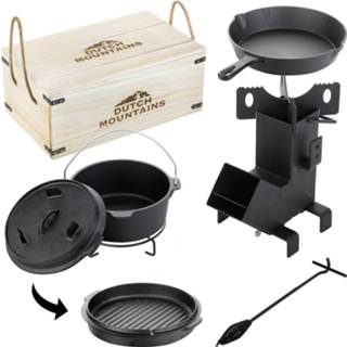 👉 Oven houten gietijzer zwart Dutch Mountains Gietijzeren Pannenset 7-delig - In Kist Braadpan Grillpan Deksellifter Brander 8717253122817