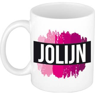 👉 Beker roze keramiek vrouwen active Naam cadeau mok / Jolijn met verfstrepen 300 ml