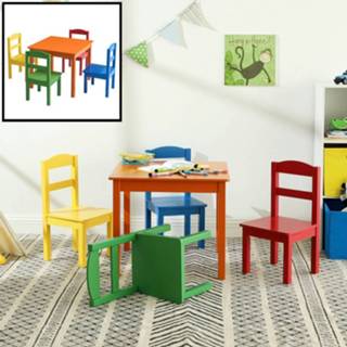👉 Kindertafel rood blauw groen geel oranje hout One Size multi-wit kinderen met stoeltjes van - 1 tafel en 4 stoelen voor Rood, blauw, geel, Kleurtafel / speeltafel knutseltafel tekentafel zitgroep set Decopatent® 90165158128