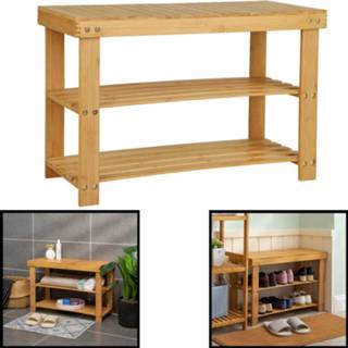 👉 Schoenenbank bamboe hout bruin - Voor 6 paar schoenen 70 cm breed Rek met 2 etages Opbergrek moderne uitstraling Ook als schoenenrek / open badkamerrek organizer badkamer Decopatent® 90165158296