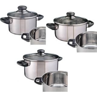 👉 Pan RVS One Size zilver Set van 3 stuks kookpannetjes / pannen met glazen deksels pannenset 16, 20 en 24 cm - kookpannen Koken Keukengerei 8720276025645