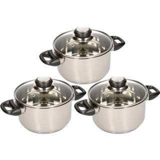 👉 Pan RVS One Size zilver Set van 3 stuks kookpannetjes / pannen met glazen deksels pannenset 16, 20 en 24 cm - kookpannen Koken Keukengerei 8720276025645