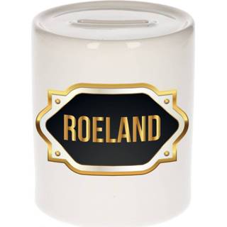 👉 Spaarpot gouden mannen Naam cadeau Roeland met embleem