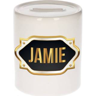 👉 Spaarpot gouden One Size meerkleurig Jamie naam cadeau met embleem - kado verjaardag/ vaderdag/ pensioen/ geslaagd/ bedankt 8720276923491