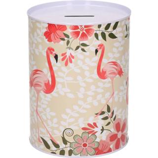 👉 Dieren spaarpot kinderen flamingo met bloemen metaal 12 x 16 cm