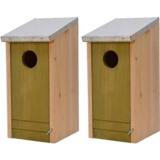 👉 Vogelhuisje groene houten metalen hout groen 2x Vogelhuisjes/nestkastjes Met Lichtgroene Voorzijde En Dakje 26 Cm - Vogelhuisjes Tuindecoraties 8720147464313