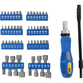 👉 Handvat kunststof blauw Kinzo Ratelschroevendraaierset - 42 Bits 14 Houders 1x Flexibele Extensie 58 Stuks 8711252177977