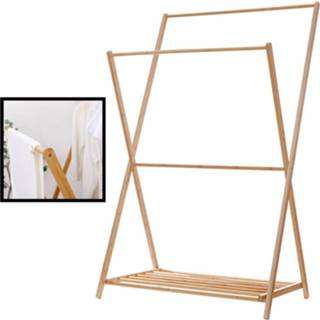 👉 Kledingrek bamboe hout combi One Size no color Decopatent® Staand met 1 Legplank en 2 Hangstangen - Kledingstandaard Garderobe slaapkamer 70x55x150 90165152249