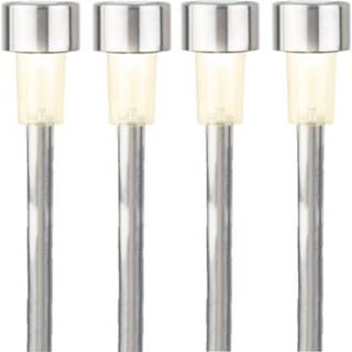 👉 Buitenlamp RVS Set Van 4x Stuks Solar Tuinlampen/prikspots Cilinder Op Zonne-energie 24 Cm - Prikspots Tuinverlichting 8720576142820