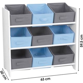 👉 Opbergbakje blauw grijs stoffen textiel One Size wit kinderen Vrolijk Kinder Opbergmeubel – Met Drie Niveaus 9 Opbergbakken en 59.5x63x30cm 8720359708588