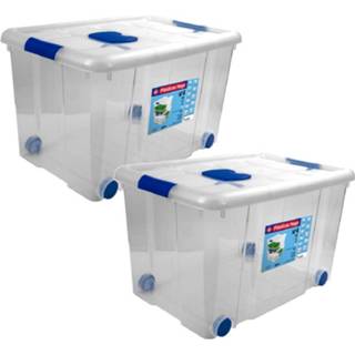 👉 Opbergbox transparant blauw kunststof 2x Opbergboxen/opbergdozen Met Deksel En Wieltjes 55 Liter Transparant/blauw - 59 X 40 35 Cm Opbergbakken 8720276869973