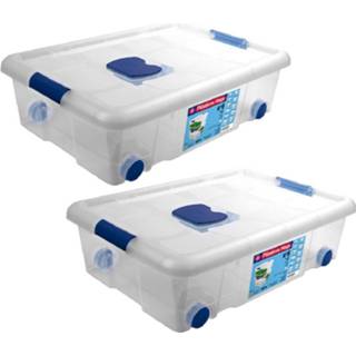 👉 Opbergbox transparant blauw kunststof 2x Opbergboxen/opbergdozen Met Deksel En Wieltjes 31 Liter Transparant/blauw - 61 X 44 18 Cm Opbergbakken 8720276869720