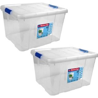 👉 Opbergbox transparant blauw kunststof 2x Opbergboxen/opbergdozen Met Deksel 25 Liter Transparant/blauw - 42 X 35 Cm Opbergbakken 8720276869638