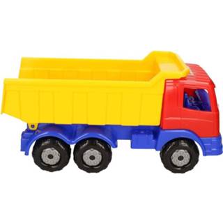 👉 Speelgoed rood/geel/blauwe kiepwagen auto voor jongens 41 cm - Buiten/binnen speelgoed auto's - Vrachtwagen met laadklep/oplegger