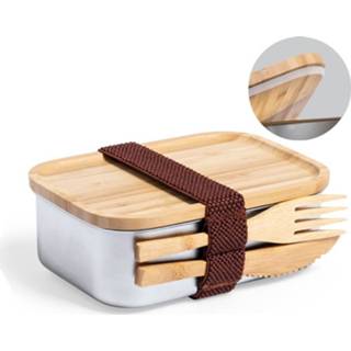 👉 Lunchbox One Size bruin Bamboevezel en stalen lunchbox/broodtrommel met bestek 16 x 11 5.6 cm 8720576210673