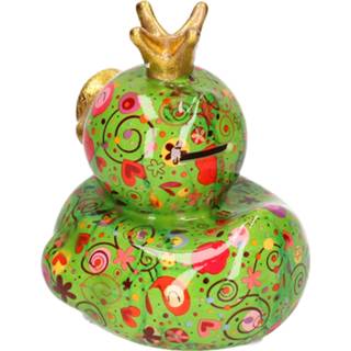👉 Spaarpot groen porseleinen One Size eend met kroontje hartjes/bloemen print 16 cm - Pomme Pidou bloemen/harten 8720576159231