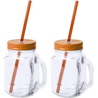 👉 Drinkbeker oranje kinderen 12x stuks glazen Mason Jar drinkbekers dop/rietje 500 ml